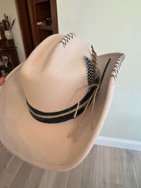 Tan Felt Cowboy Hat with Black Band and Feather Accent